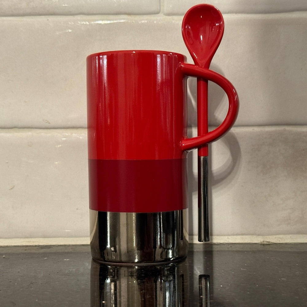 Starbucks Red Tri-Tone Ceramic Coffee Mug & Integrated Spoon Holder & Spoon 8 oz